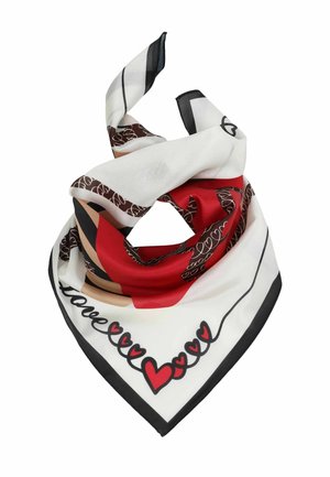 Weißes, rotes und braunes Seidentuch mit Herzmustern und dem Wort "Liebe" entlang der Ränder, gedreht, als ob es bereit zum Tragen wäre.