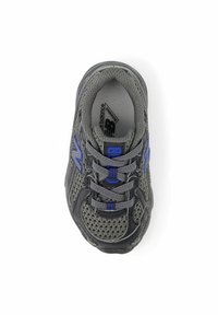 Gray sneaker with a mesh upper, blue accents, and laces. Features a rounded toe, textured insole, and rubber outsole for traction.