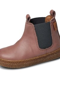 Braune Leder-Stiefelette mit elastischen Seiteneinsätzen, runder Zehenpartie und strukturiertem Gummisohle. Mit kleinem Zugtab hinten.