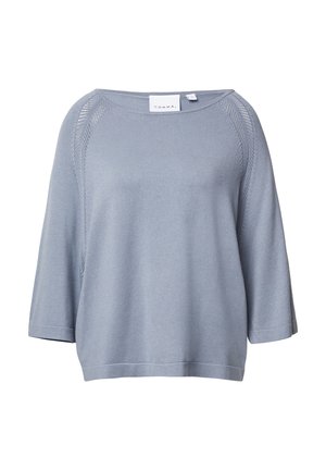 Maglione blu, dal taglio ampio e con scollo largo, maniche a tre quarti. Presenta dettagli laterali testurizzati e orlo a costine. Tessuto morbido.