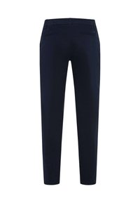 Dunkelblaue Hose mit glatter Textur, elastischem Bund und zwei Gesäßtaschen, mit einem schmal zulaufenden Design.