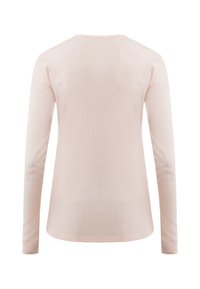 Hellrosa, geripptes Langarmshirt von hinten gezeigt, mit einem runden Ausschnitt und geradem Saum.