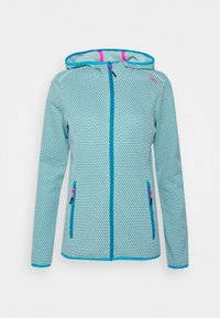 Giacca con cappuccio di colore blu chiaro con motivo a nido d'ape, zip frontale, tasche laterali con zip e zip di colore rosa, mostrata su uno sfondo bianco.
