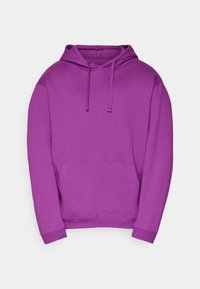 Purple cotton hoodie with a front pocket, adjustable drawstring hood, and long sleeves. Smooth texture and relaxed fit.