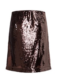 Kurzer, gerader schwarzer Minirock, bedeckt mit glänzenden dunkelbraunen Pailletten mit einem dezenten reflektierenden Muster.