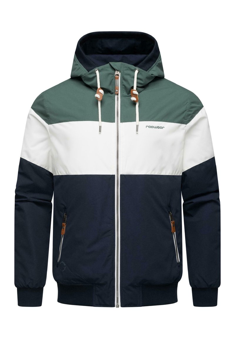 Farbblockierte Jacke mit grünen, weißen und marineblauen Paneelen. Hergestellt aus einem glatten Material mit Kapuze, Frontreißverschluss und verstellbaren Schnürelementen.