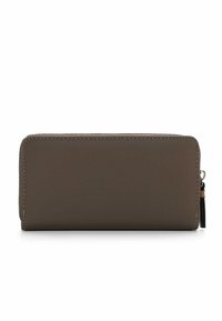 Brown synthetic wallet with a zip closure. Features a smooth texture, contrasting stitching, and a leather pull tab accent. Rectangular shape.