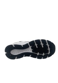 Suola di scarpa da corsa con un battistrada in gomma nera testurizzata, intersuola bianca e un design a pattern per una migliore aderenza e trazione.