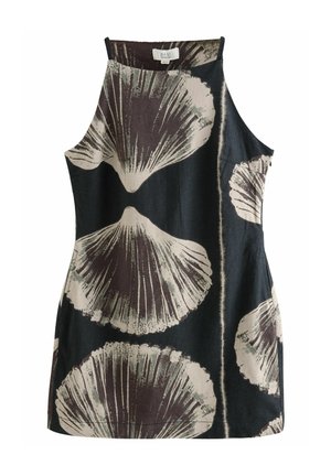 Vestido sin mangas con un fondo negro y grandes patrones florales en color beige. Confeccionado en un tejido texturizado, tiene un cuello alto y bolsillos laterales.