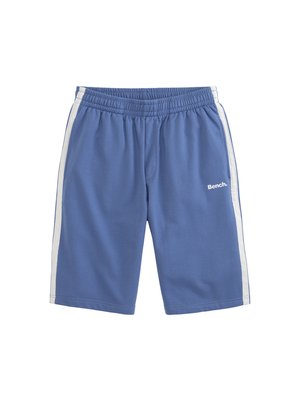 Blue athletic shorts made of soft fabric, featuring a white stripe along the sides and a logo on the front. Elastic waistband for comfort.