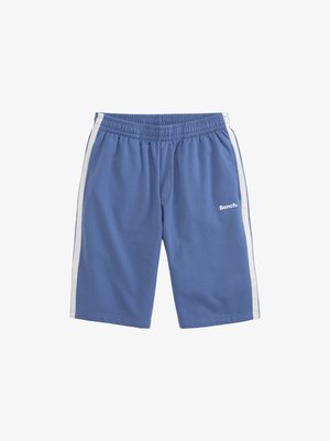 Blaue Sportshorts aus softem Material, mit einem weißen Streifen an den Seiten und einem Logo auf der Vorderseite. Elastischer Bund für Komfort.