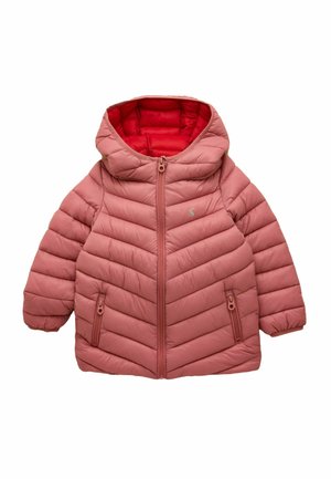 Roze gewatteerd kinderwinterjack met capuchon, ritssluiting aan de voorkant, twee zijzakken met rits en een rode binnenvoering.