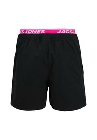 Bañadores negros con cinturilla elástica, logo "JACK & JONES" en rosa, un bolsillo lateral y fabricados en un tejido suave y ligero.