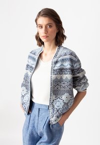 Viegls bombers jakas dizains zilos toņos ar sarežģītiem rakstiem. Izgatavota no mīkstas auduma ar ribotām piedurknēm un ar rāvējslēdzēju.