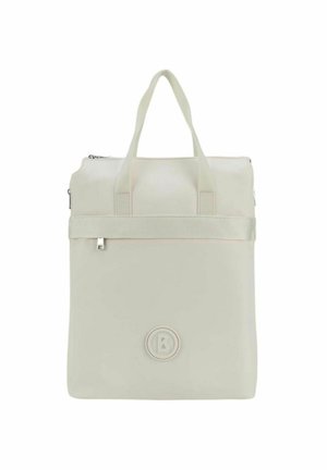 Borsa tote bianca, impermeabile, con doppio manico superiore, chiusura con zip e striscia testurizzata; presenta un logo circolare sul fronte.