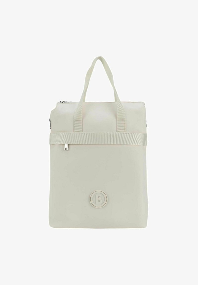 Bolsa tote blanca, impermeable, con dos asas superiores, un cierre de cremallera y una raya texturizada; presenta un logo circular en la parte frontal.
