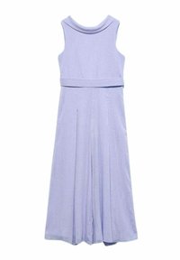 Abito senza maniche di colore lavanda con scollatura alta, vita aderente e gonna plissettata. Realizzato in tessuto strutturato con una leggera lucentezza.