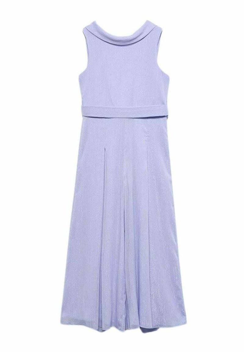 Abito senza maniche di colore lavanda con scollatura alta, vita aderente e gonna plissettata. Realizzato in tessuto strutturato con una leggera lucentezza.