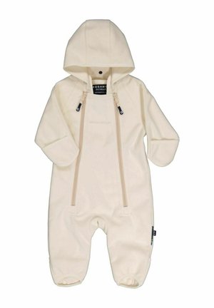 Babystrampler in Creme mit Kapuze, langen Ärmeln, Fußabdeckungen und zwei vertikalen Frontreißverschlüssen für einfaches Anziehen.