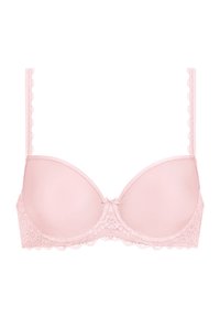 Różowy stanik z wyściółką, ozdobiony koronką, o gładkich miseczkach, z regulowanymi ramiączkami i małą kokardką z przodu na środku.
