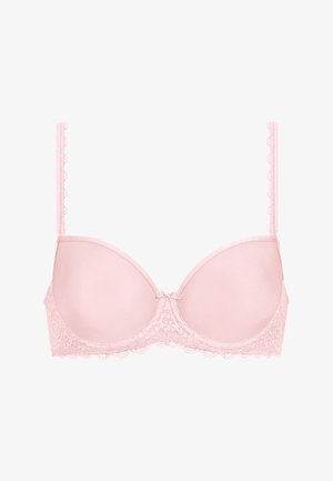 Pink padded bra with lace trim, smooth cups, adjustable straps, and a small bow detail at the center front.
