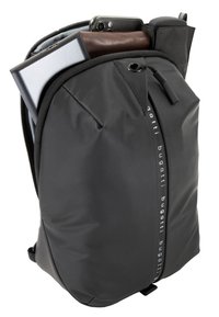 Black backpack made of water-resistant material, featuring a sleek design, zippered closure, and logo detail on the front. Small pocket visible.