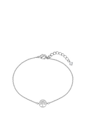 Delicado brazalete de cadena de plata con un dije circular que presenta un diseño intrincado de árbol y un cierre ajustable con un pequeño detalle de cristal.