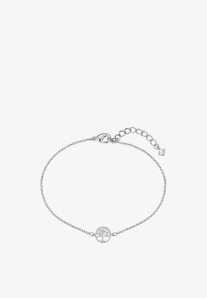 Delicado brazalete de cadena de plata con un dije circular que presenta un diseño intrincado de árbol y un cierre ajustable con un pequeño detalle de cristal.