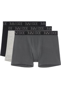 Pack of three men's boxers in black, grey, and dark grey. Made from soft fabric with a branded elastic waistband. Classic fit design.