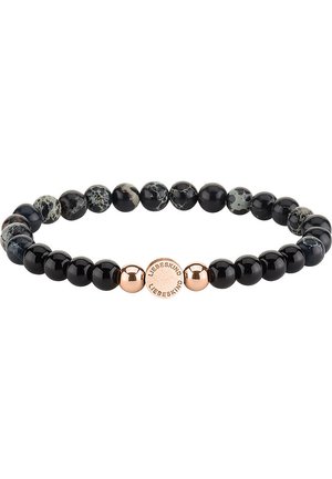 Das Armband aus schwarzen und grauen Steinperlen besteht aus runden Perlen mit unterschiedlichen Texturen, die mit roségoldenen Hardwareelementen und einem Logodetail akzentuiert sind.