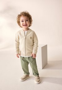 Light beige zip-up sweater with textured knit, green trousers, and beige slip-on shoes. Round teddy bear emblem on the sweater.