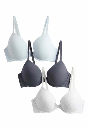 Vier beha's in lichtblauw, donkergrijs en gemêleerd grijs. Kenmerken zijn onder andere gladde cups, verstelbare dunne bandjes en een naadloos ontwerp.