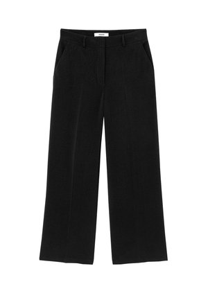 Pantalon noir à jambe large avec passants de ceinture, poches latérales et braguette zippée à l'avant.
