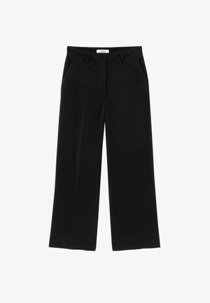 Pantalon noir à jambe large avec passants de ceinture, poches latérales et braguette zippée à l'avant.