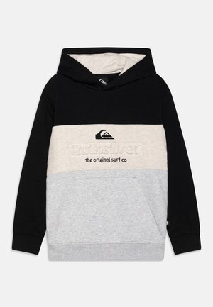Sweat à capuche en bloc de couleurs noir, beige et gris, en mélange de coton, avec une poche kangourou avant et un logo brodé sur la poitrine.