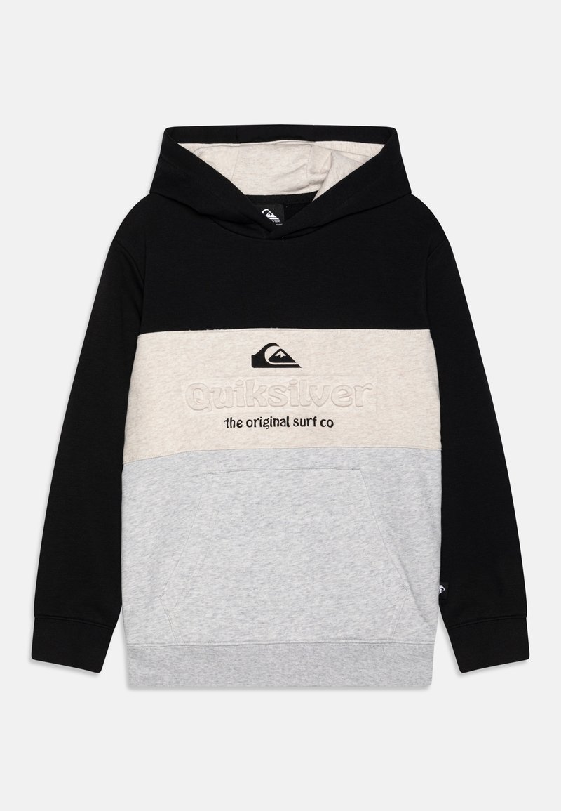 Sweat à capuche en bloc de couleurs noir, beige et gris, en mélange de coton, avec une poche kangourou avant et un logo brodé sur la poitrine.