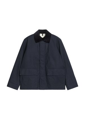 Navy blue jacket with a corduroy collar, featuring two large front pockets and a straight silhouette. Made from durable fabric.