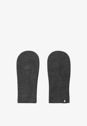 Graue Wollhandschuhe mit abgerundeten Oberseiten und einer glatten Textur. Sie weisen ein dezentes Melange-Muster und ein kleines Markenetikett am Bündchen auf.