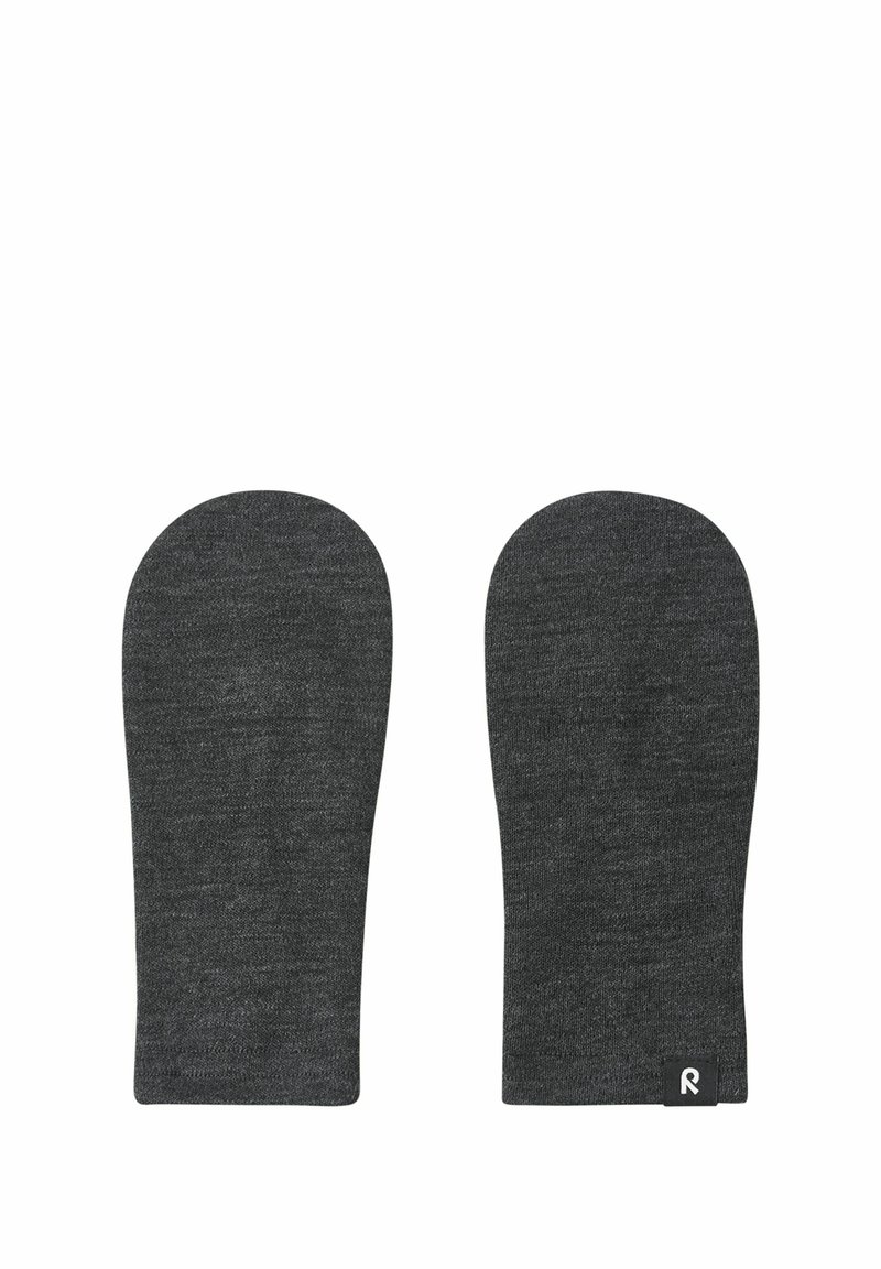 Szare wełniane rękawice z zaokrąglonymi czubkami i gładką teksturą. Posiadają subtelny wzór heather oraz małą metkę z logo na mankiecie.
