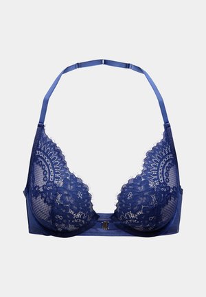 Lace bra in deep navy blue with a plunging neckline, featuring intricate floral patterns and adjustable straps. Smooth underband with hardware detail.