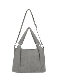Gray suede handbag with a soft texture, two top handles, and a detachable shoulder strap. Features an interior accent in a contrasting color.