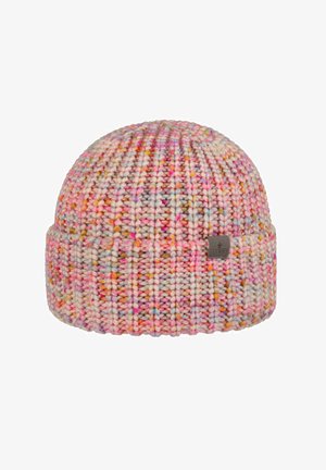 Knit beanie in multi-colored yarn featuring pink, orange, and cream hues. Ribbed design with a folded cuff and metal logo tag.