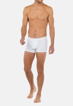 Weiße Baumwoll-Boxershorts mit einem kurzen, figurbetonten Design und einem vorderen Eingriff. Glatte Textur und elastischer Bund sichtbar.