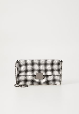 Black and silver clutch bag with rhinestone embellishments, rectangular shape, detachable chain strap, and a square metallic clasp.