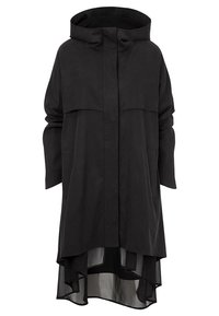 Schwarzermantel mit Kapuze, zwei Fronttaschen und einem längeren Rückensaum. Aus weichem, glattem Stoff mit drapierter Optik hergestellt.