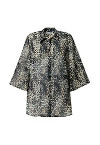 Camicia a bottoni con stampa leopardata in tessuto leggero e trasparente; presenta colletto classico, maniche a tre quarti e bottoni neri.