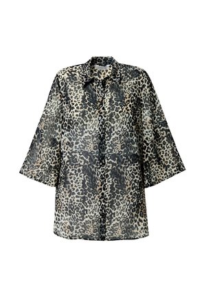 Camicia a bottoni con stampa leopardata in tessuto leggero e trasparente; presenta colletto classico, maniche a tre quarti e bottoni neri.