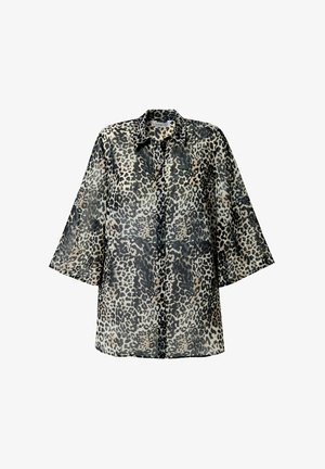Luipaardprint knopshirt van lichtgewicht, doorschijnende stof; heeft een klassieke kraag, driekwart mouwen en zwarte knopen.