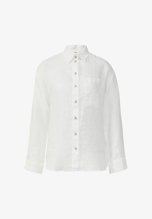 Witte linnen shirt met een knoopsluiting aan de voorkant, kraag, lange mouwen en een borstzak. Natuurlijke knopen en een subtiele textuur.