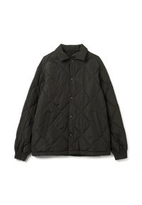 Giacca nera trapuntata con colletto, chiusura a bottoni a pressione, due tasche frontali e polsini a coste. Tessuto liscio e design a motivo romboidale.